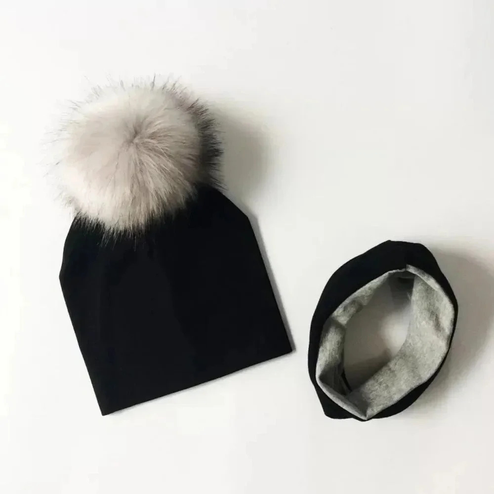 Baby Black Pom Pom Hat with Infinity Scarf